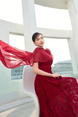 ĐẦM REN DÀI CHIẾT EO, CỔ CHỮ U PHỐI TÀ VOAN V1095