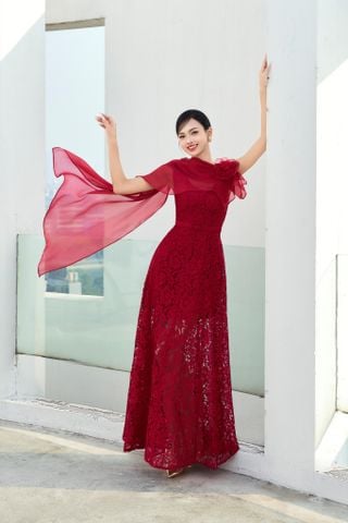 ĐẦM REN DÀI CHIẾT EO, CỔ CHỮ U PHỐI TÀ VOAN V1095