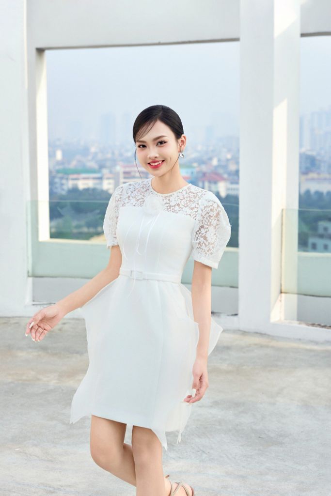 ĐẦM NGẮN CHỮ A TAY REN PHỐI VOAN BÈO V1091