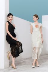 ĐẦM BÚT CHÌ CỔ TIM, KHÔNG TAY PHỐI BÈO LỆCH ĐÍNH EO V1090