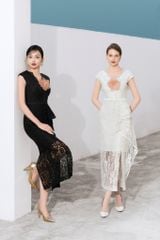 ĐẦM BÚT CHÌ CỔ TIM, KHÔNG TAY PHỐI BÈO LỆCH ĐÍNH EO V1090