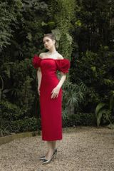 ĐẦM BÚT CHÌ TRỄ VAI DRAPING HOA V1079