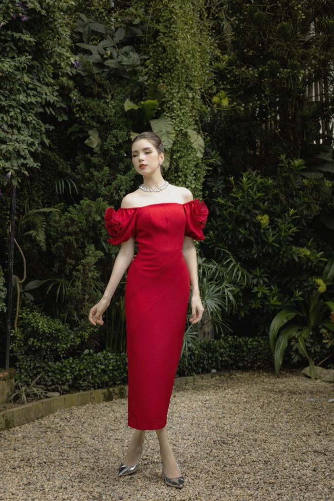 ĐẦM BÚT CHÌ TRỄ VAI DRAPING HOA V1079