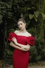 ĐẦM BÚT CHÌ TRỄ VAI DRAPING HOA V1079