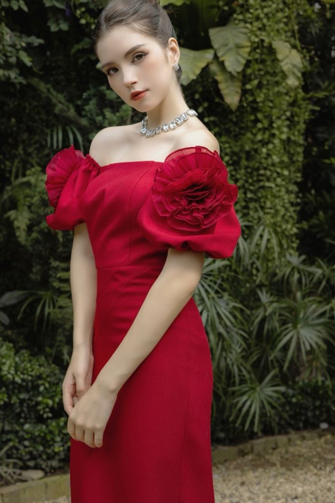 ĐẦM BÚT CHÌ TRỄ VAI DRAPING HOA V1079