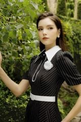 ĐẦM NGẮN CỔ ĐỨC DÁNG XOÈ TAY BỒNG V1086