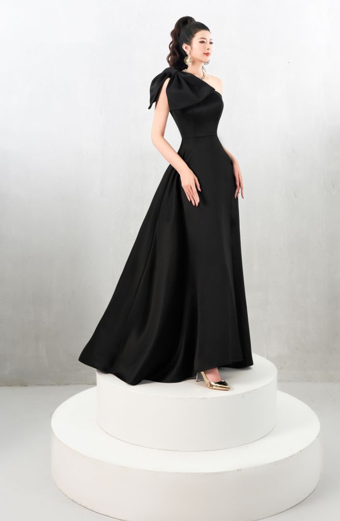 V950 - Váy đầm thiết kế lệch vai xẻ đùi nơ phối rời