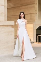 V950 - Váy đầm thiết kế lệch vai xẻ đùi nơ phối rời