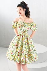 V1017 - Váy đầm thiết kế cổ 2 in 1, xòe tạo khối