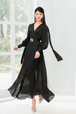 V1015 - Váy đầm thiết kế cổ tim vắt