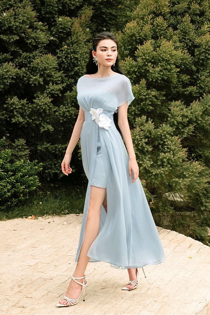 V1014 - Váy đầm thiết kế tay liền, xòe xẻ mảnh