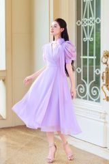V1076 - Váy đầm thiết kế cổ tim vắt, dáng xoè tay cộc bồng