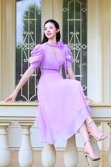 V1076 - Váy đầm thiết kế cổ tim vắt, dáng xoè tay cộc bồng