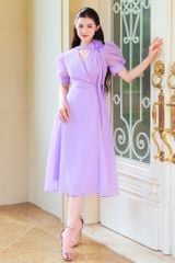 V1076 - Váy đầm thiết kế cổ tim vắt, dáng xoè tay cộc bồng