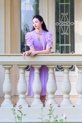 V1076 - Váy đầm thiết kế cổ tim vắt, dáng xoè tay cộc bồng