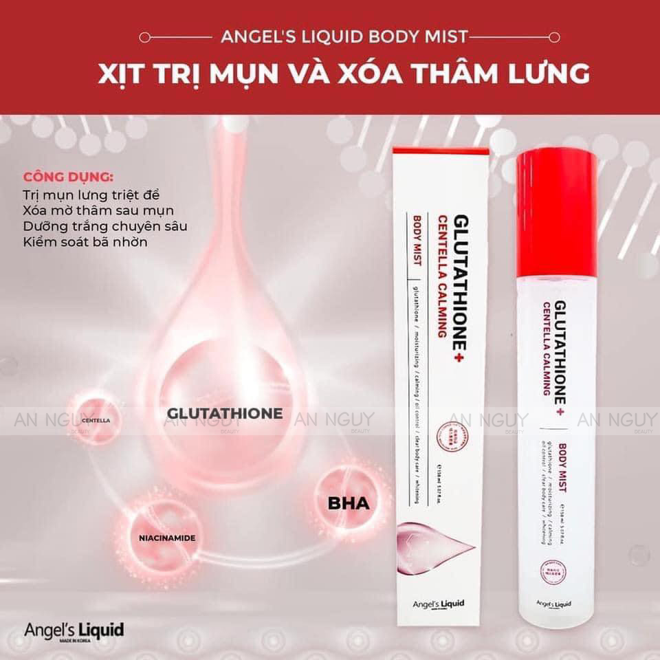 Xịt Giảm Mụn Lưng Angel's Liquid Glutathione+ Centella Calming Body Mist Dưỡng Sáng Cơ Thể 150ml
