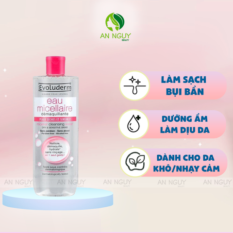 Nước Tẩy Trang Evoluderm Micellar Cleansing Water Dry & Sensitive Skins Cho Da Khô Và Nhạy Cảm (Màu Hồng)