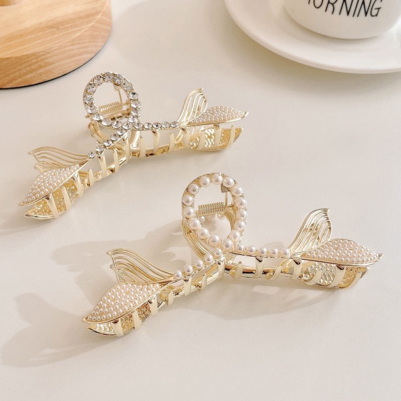 Kẹp Tóc Hình Đuôi Cá Đính Đá, Ngọc Trai Bằng Kim Loại Sang Trọng Phong Cách Hàn Quốc