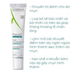 Set Kem Giảm Mụn A-Derma Phys-Ac Perfect Fluide 40ml + Gel Rữa Mặt A-Derma Phys-AC Foaming Gel Purifying àm Sạch Da, Ngăn Ngừa Mụn 100ml