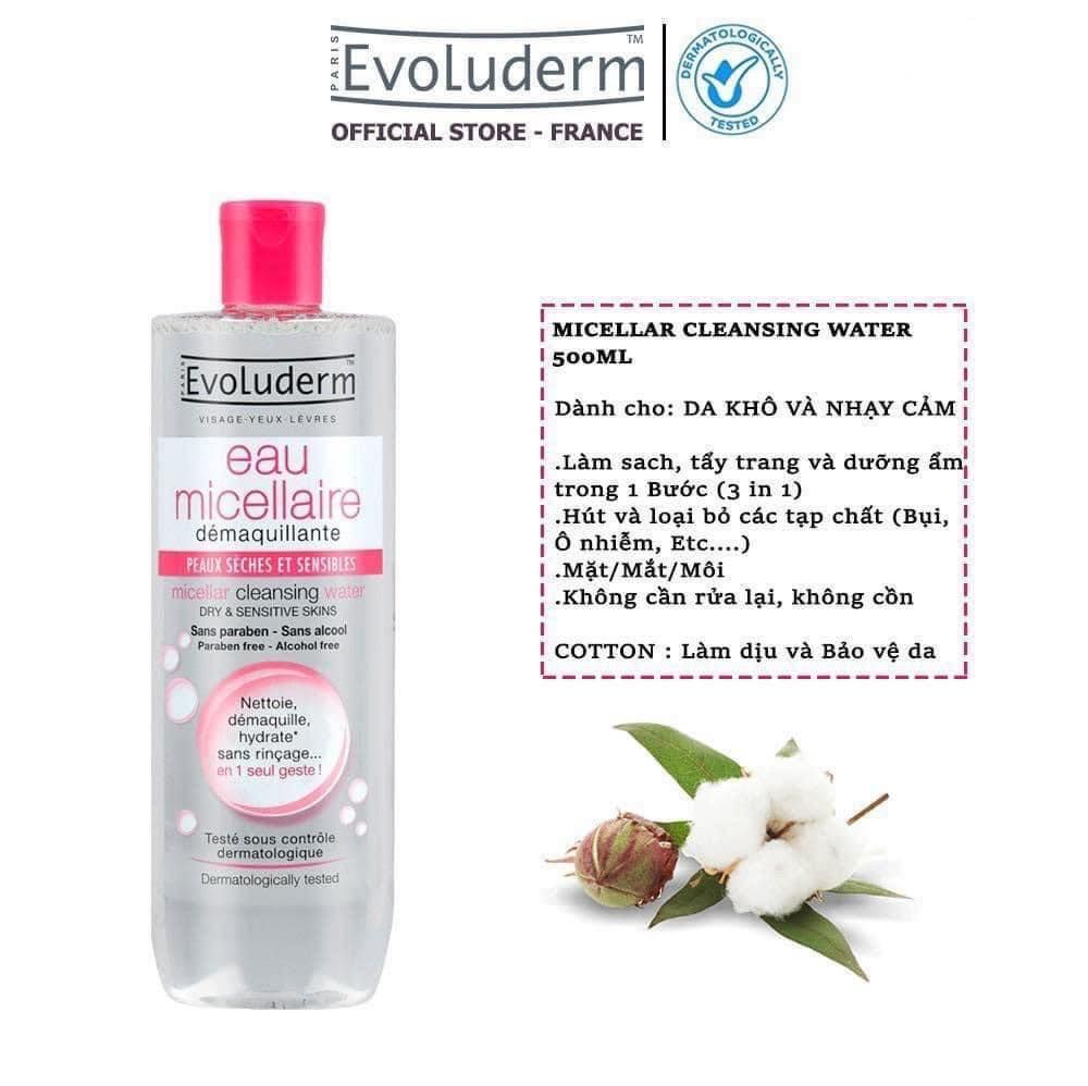 Nước Tẩy Trang Evoluderm Micellar Cleansing Water Dry & Sensitive Skins Cho Da Khô Và Nhạy Cảm (Màu Hồng)