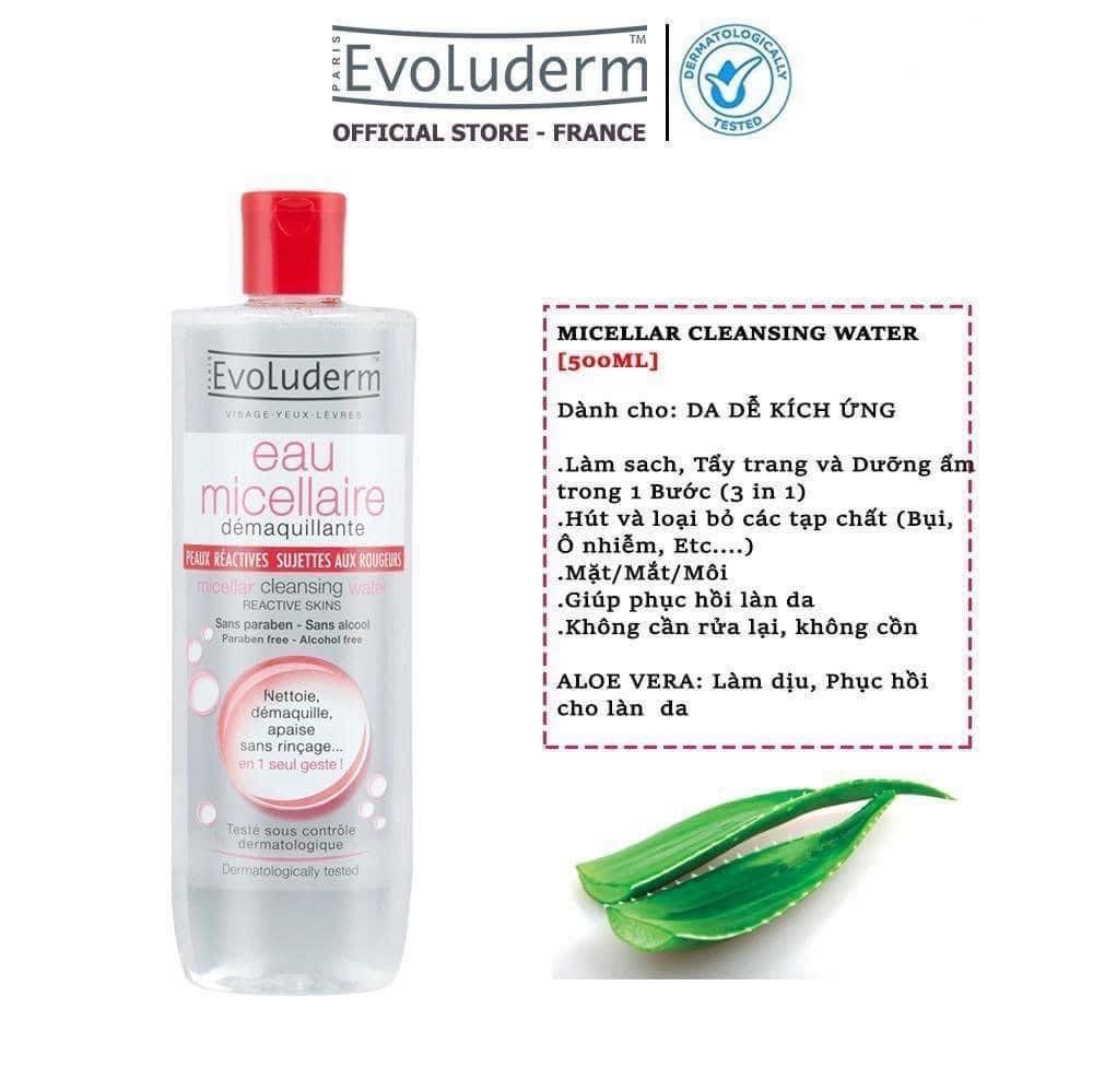 Nước Tẩy Trang Evoluderm Micellar Cleansing Water Reactive Skins Cho Da Mẫn Cảm, Kích Ứng (Màu Đỏ)