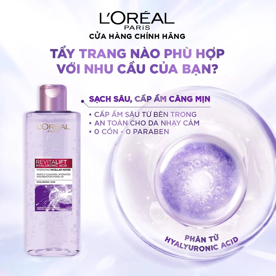 Nước Tẩy Trang L'Oreal Revitalift Hyaluronic Acid Hydrating Micellar Water Làm Sạch Cấp Ẩm (Tím)