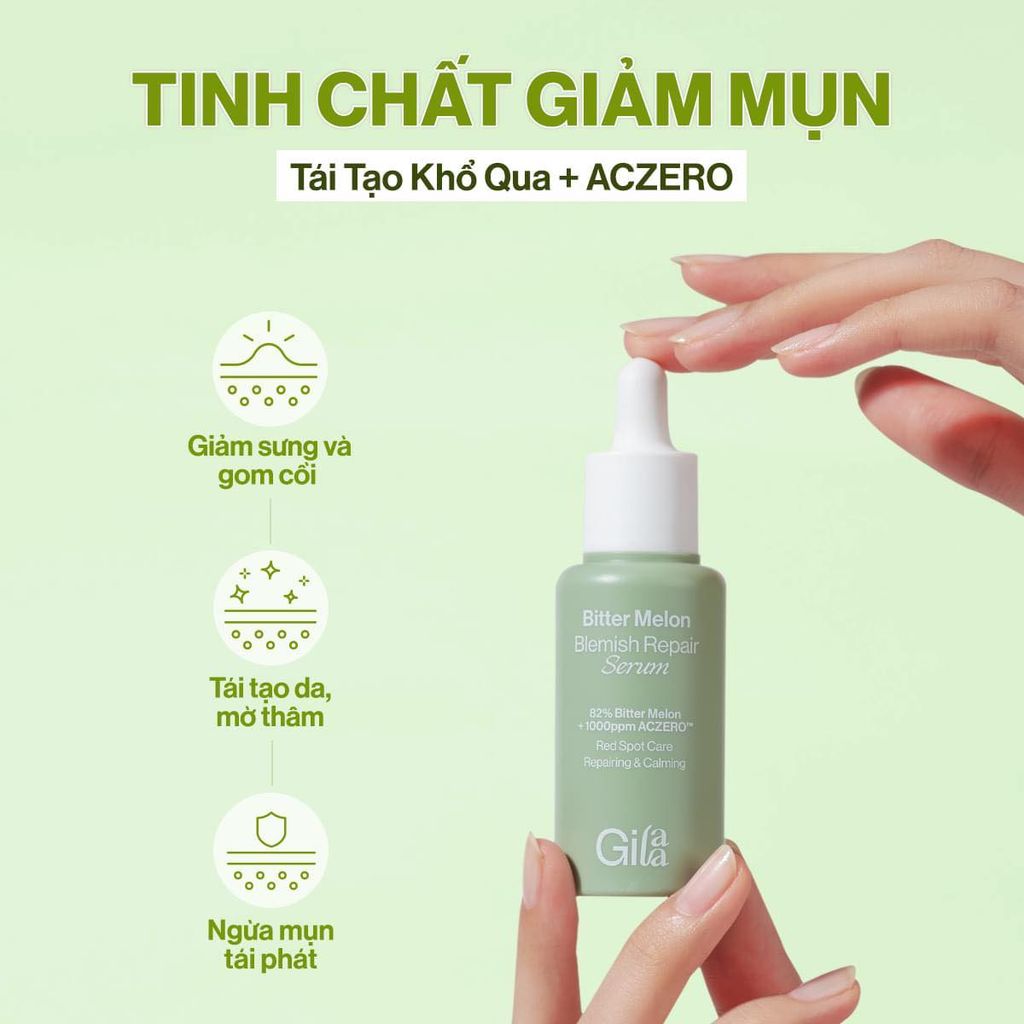 Tinh Chất Gilaa Bitter Melon Blemish Repair Serum Khổ Qua & Aczero Giảm Mụn Tái Tạo 30ml