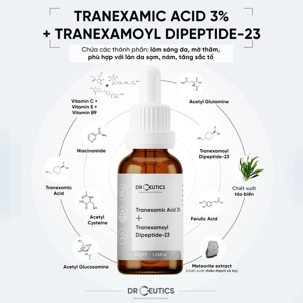 Tinh Chất DrCeutics Tranexamic Acid 3% + Tranexamoyl Dipeptide-23 Làm Sáng Da, Mờ Thâm Nám 30g