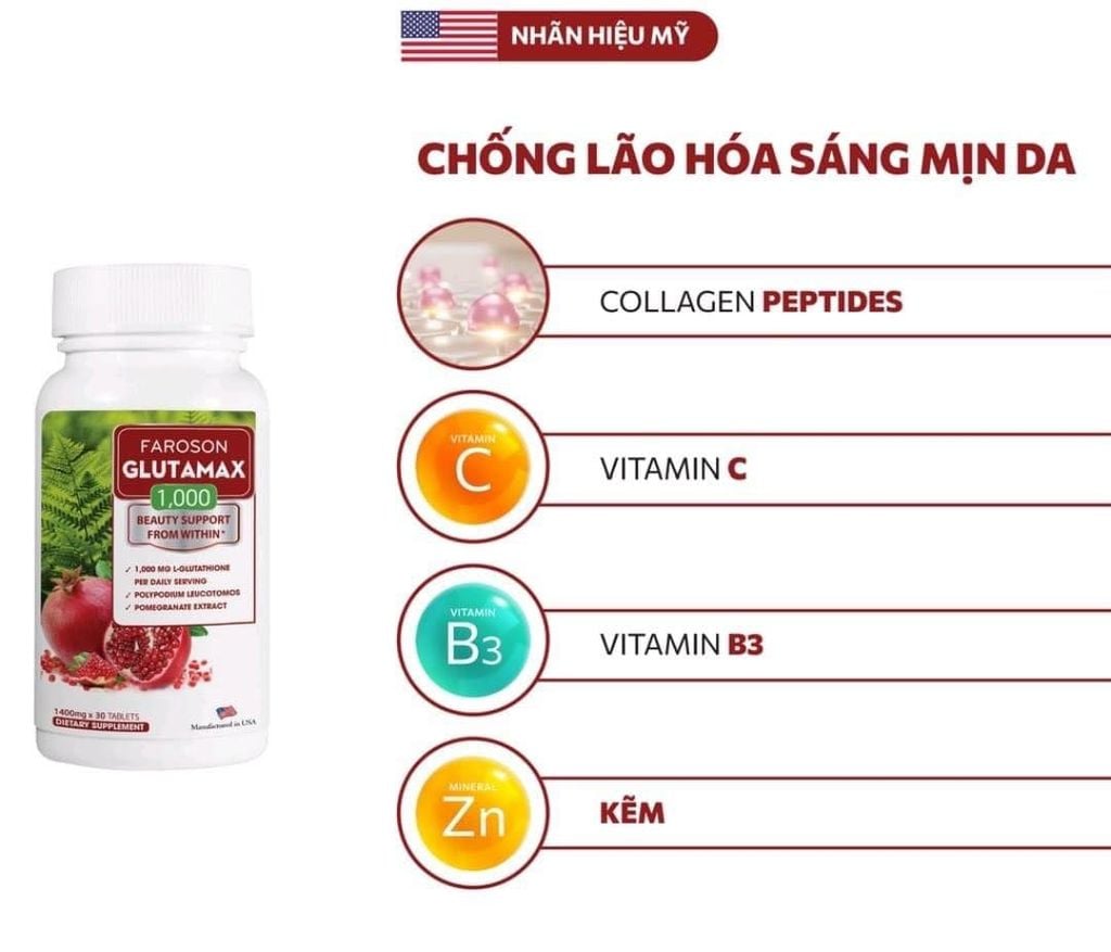 Viên Uống Faroson Glutamax 1000 Chống Oxy Hóa, Làm Sáng Da 30 Viên