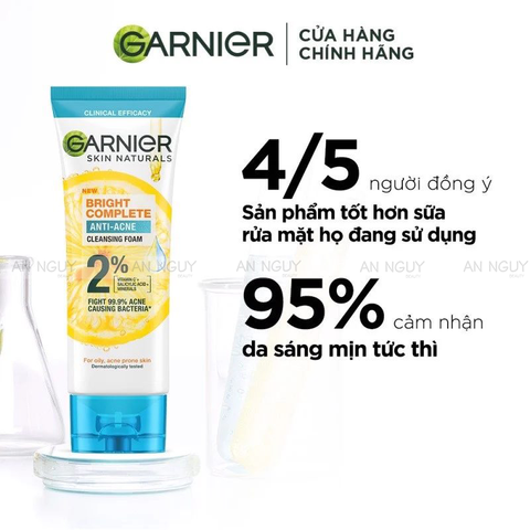 Sữa Rửa Mặt Garnier Bright Complete Anti-Acne Cleansing Foam 3 Trong 1 Giảm Mụn, Dưỡng Sáng Da 100ml