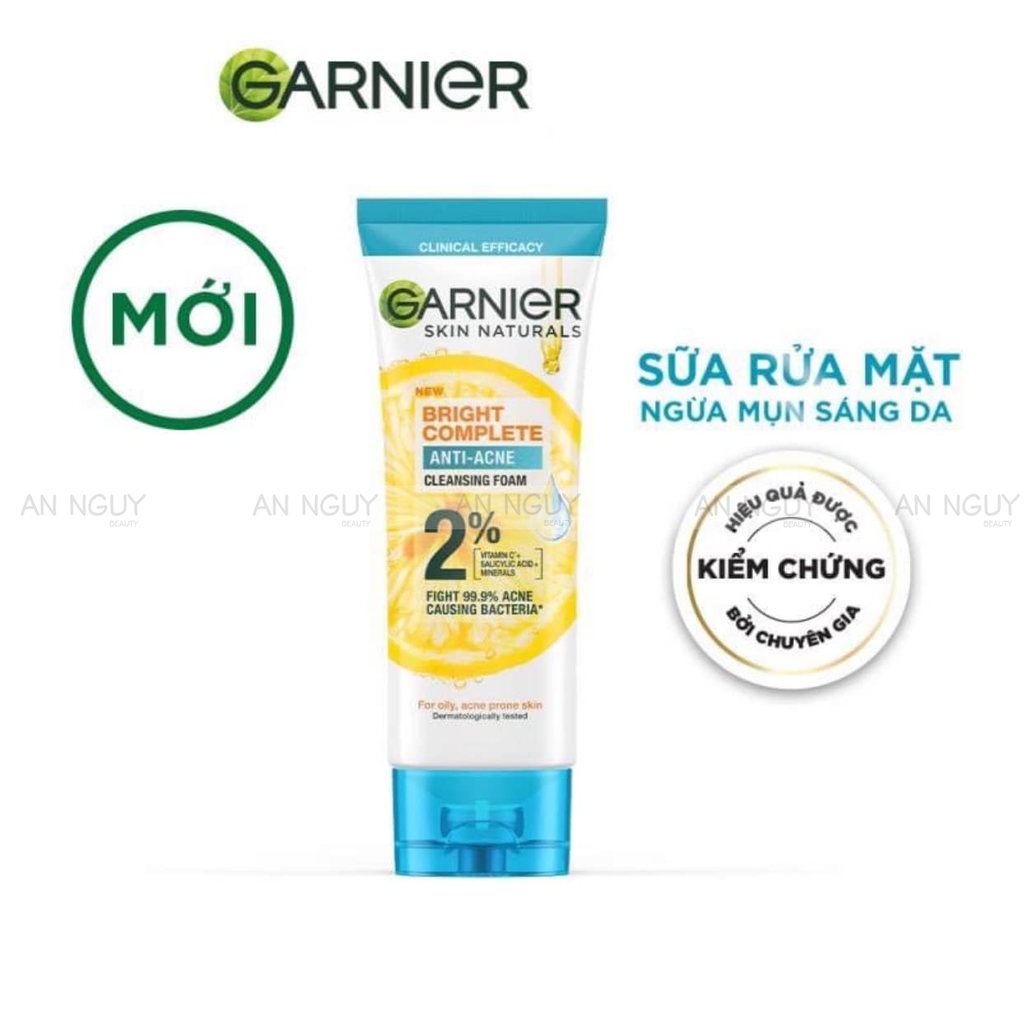 Sữa Rửa Mặt Garnier Bright Complete Anti-Acne Cleansing Foam 3 Trong 1 Giảm Mụn, Dưỡng Sáng Da 100ml