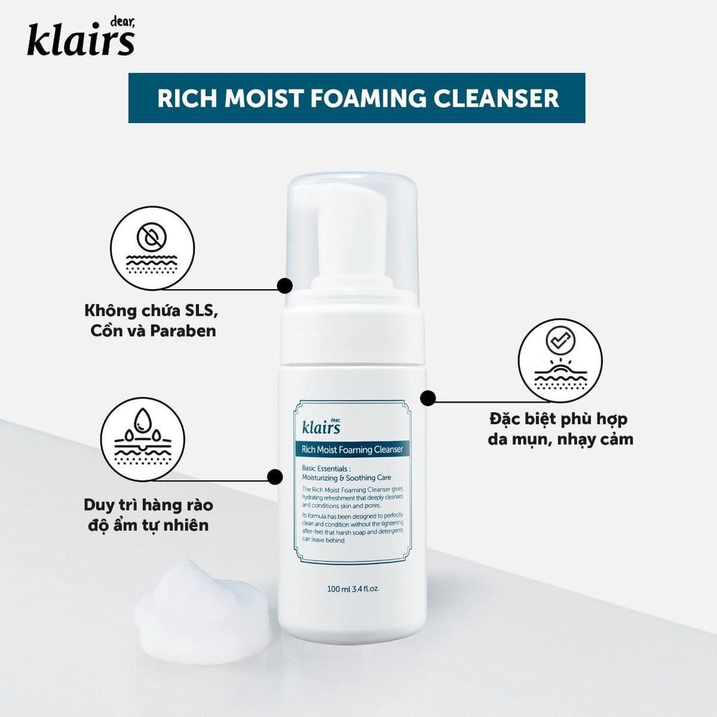 Sữa Rửa Mặt Klairs Rich Moist Foaming Cleanser Giúp Làm Sạch & Dưỡng Ẩm 100ml