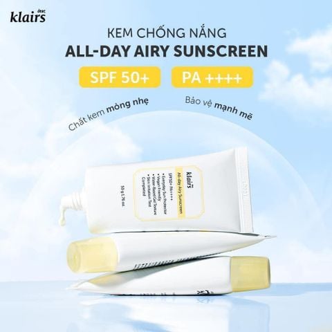 Kem Chống Nắng Klairs All-day Airy Sunscreen SPF50+ PA++++  Ẩm Mượt, Dịu Da 50gr