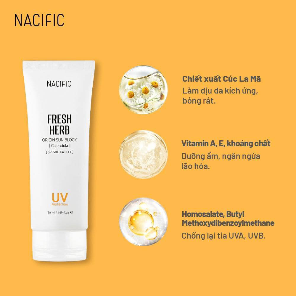 Kem Chống Nắng NACIFIC Fresh Herb Origin Sun Block Calendula SPF 50+/PA++++ Làm Dịu Da Chiết Xuất Hoa Cúc 50ml