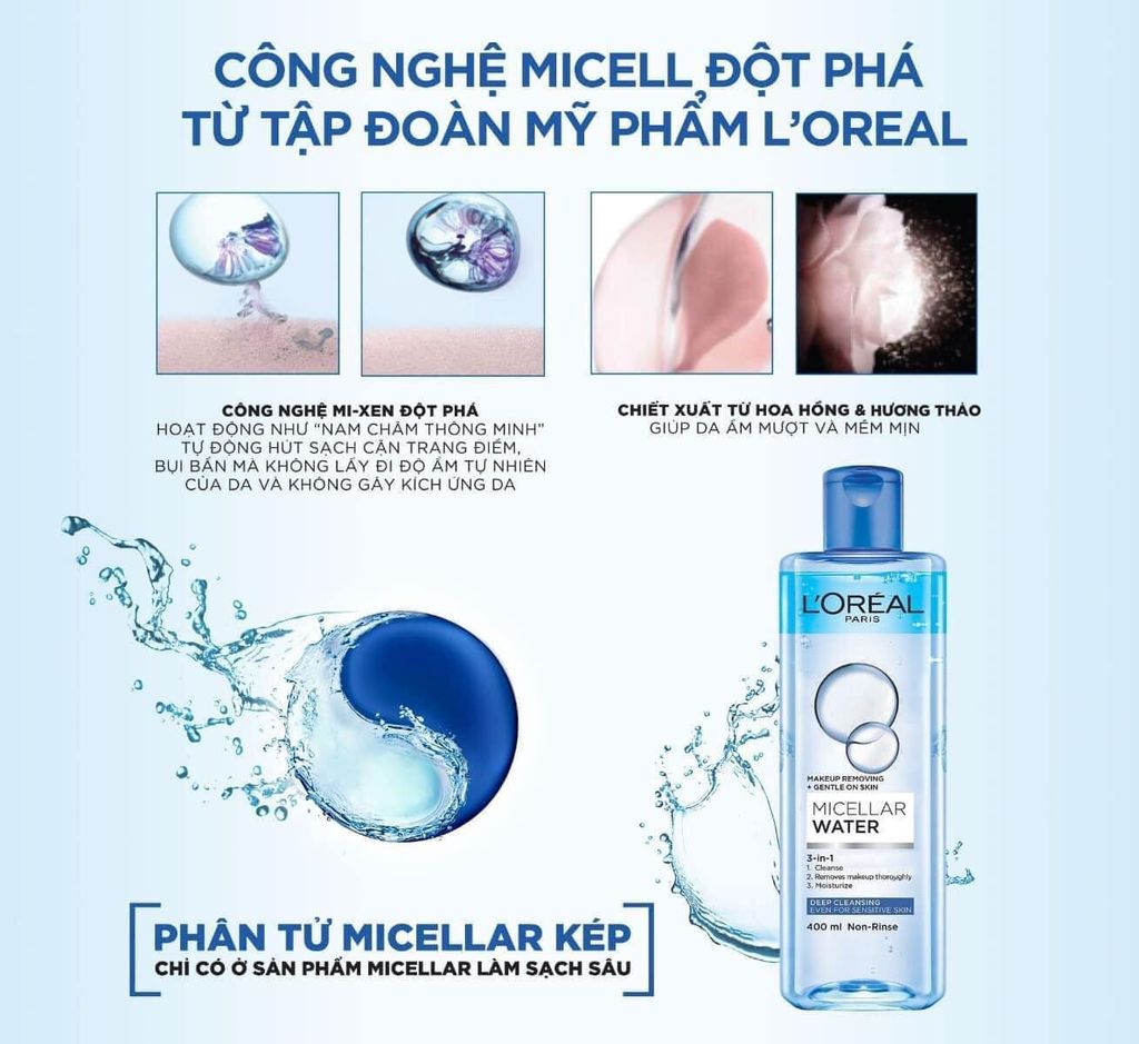 Nước Tẩy Trang L’Oreal Micellar Water 3-in-1 Deep Cleansing Làm Sạch Sâu Trang Điểm (Xanh Đậm)