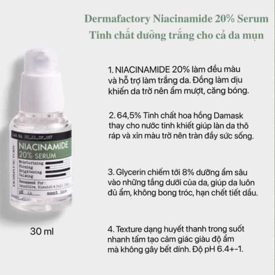 Tinh Chất Derma Factory Niacinamide 20% Serum Kiểm Soát Nhờn Se Khít Lỗ Chân Lông 30ml
