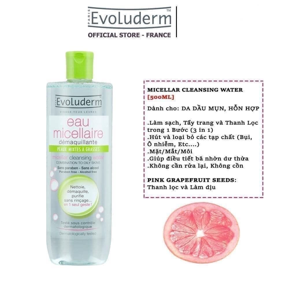 Nước Tẩy Trang Evoluderm Micellar Cleansing Water Combination To Oily Skins Cho Da Hỗn Hợp, Dầu Mụn (Xanh Lá)