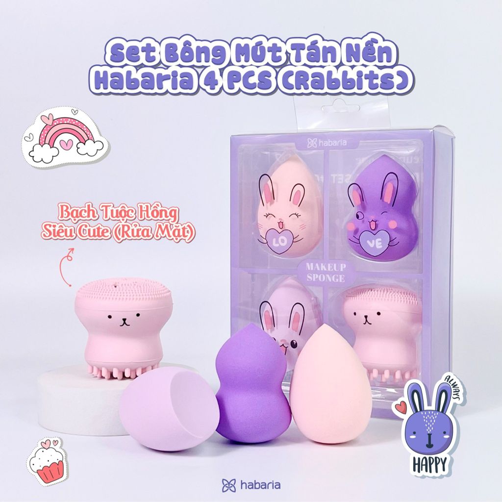 Set 4 Món Bông Mút Tán Nền + Bạch Tuột Rửa Mặt Habaria Makeup Sponge - Rabbits Love Set