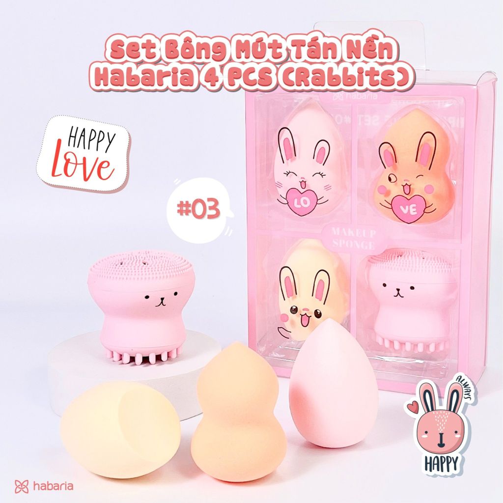 Set 4 Món Bông Mút Tán Nền + Bạch Tuột Rửa Mặt Habaria Makeup Sponge - Rabbits Love Set