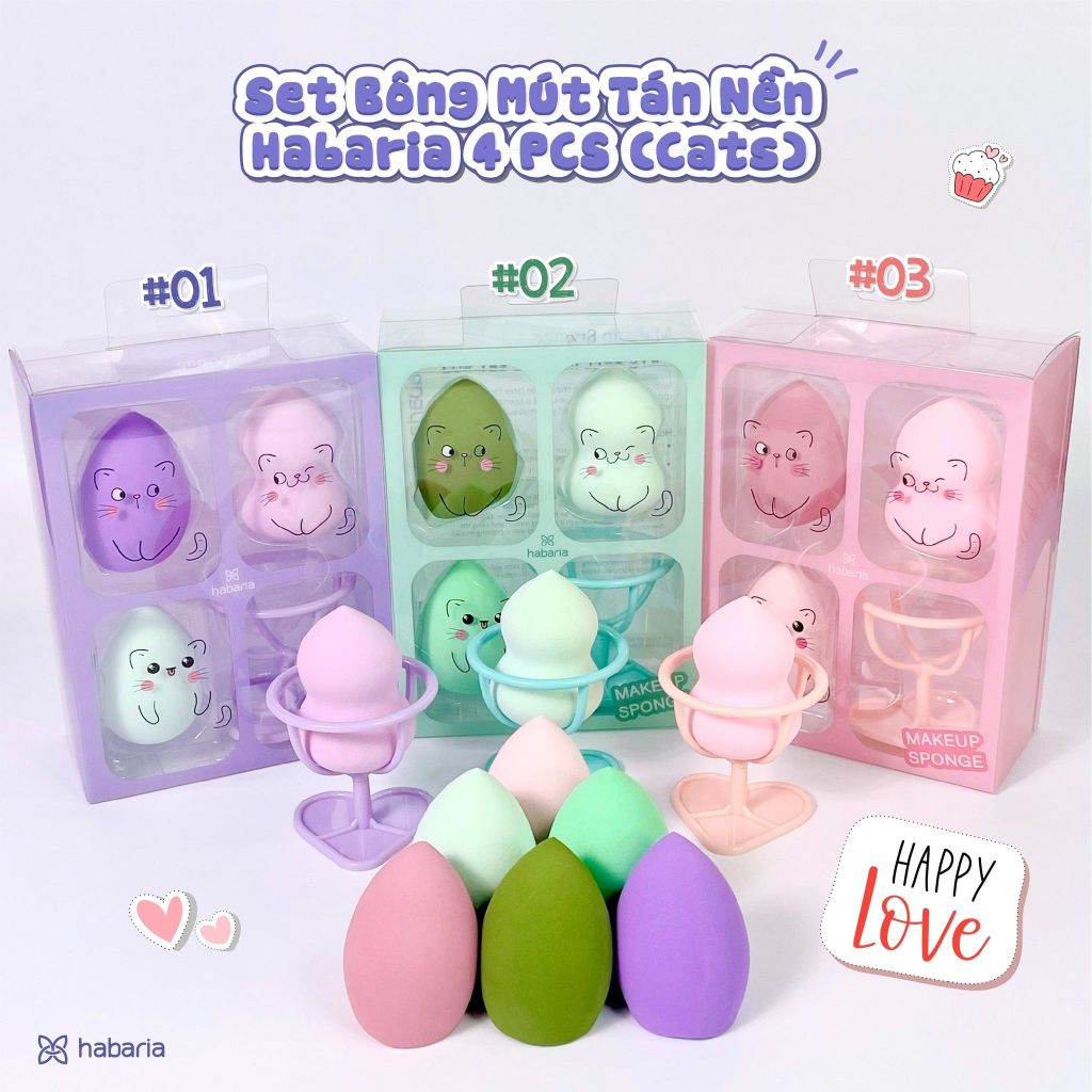 Set 4 Món Bông Mút Tán Nền + Ly Đựng Bông Mút Habaria Makeup Sponge-Cats Fall In Love Set