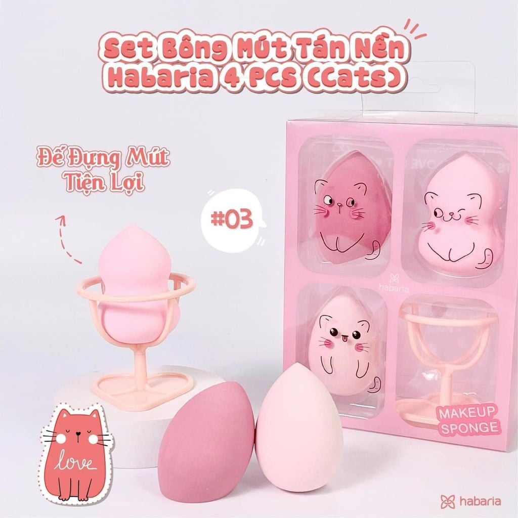 Set 4 Món Bông Mút Tán Nền + Ly Đựng Bông Mút Habaria Makeup Sponge-Cats Fall In Love Set
