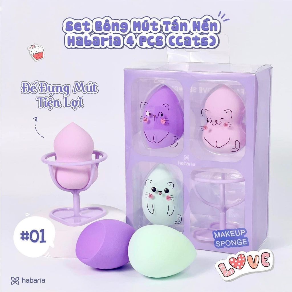 Set 4 Món Bông Mút Tán Nền + Ly Đựng Bông Mút Habaria Makeup Sponge-Cats Fall In Love Set
