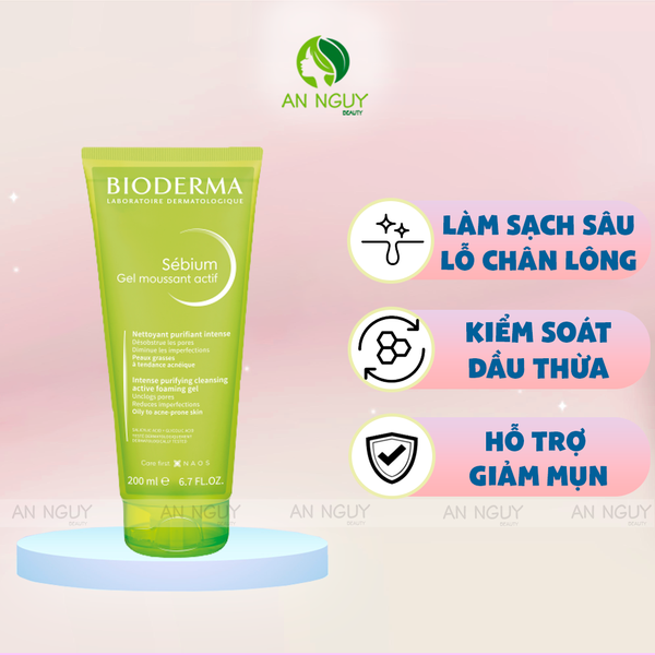 Gel Rửa Mặt Bioderma Sébium Gel Moussant Actif Làm Sạch Sâu, Giảm Mụn