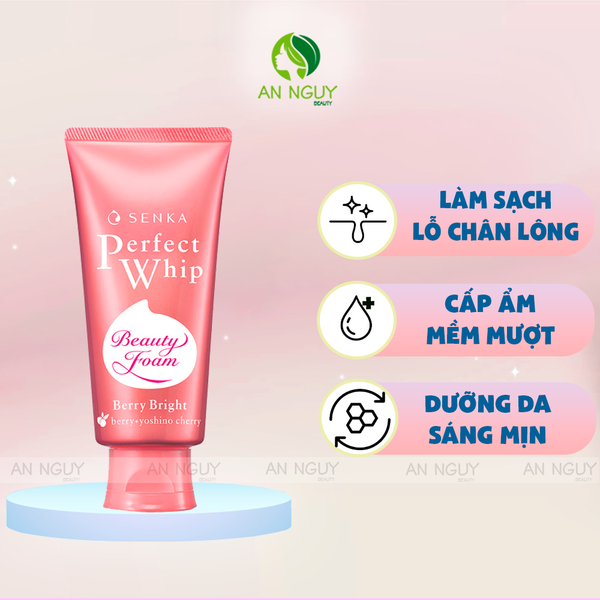 Sữa Rửa Mặt Senka Perfect Whip Berry Bright Sạch Sâu, Dưỡng Da Sáng Hồng 100gr