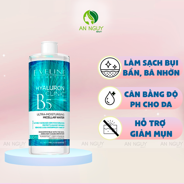 Nước Tẩy Trang Eveline Hyaluron Clinic B5 Ultra-Moisturising Micellar Water 500ml