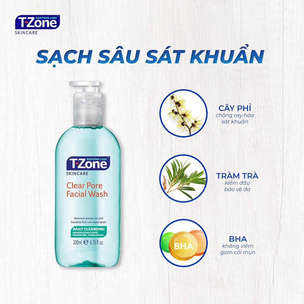 Gel Rửa Mặt T-Zone Clear Pore Facial Wash Chiết Xuất Tràm Trà Sạch Sâu, Kháng Khuẩn 200ml