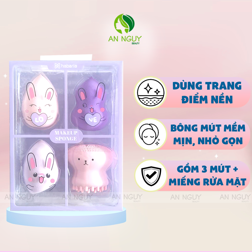 Set 4 Món Bông Mút Tán Nền + Bạch Tuột Rửa Mặt Habaria Makeup Sponge - Rabbits Love Set