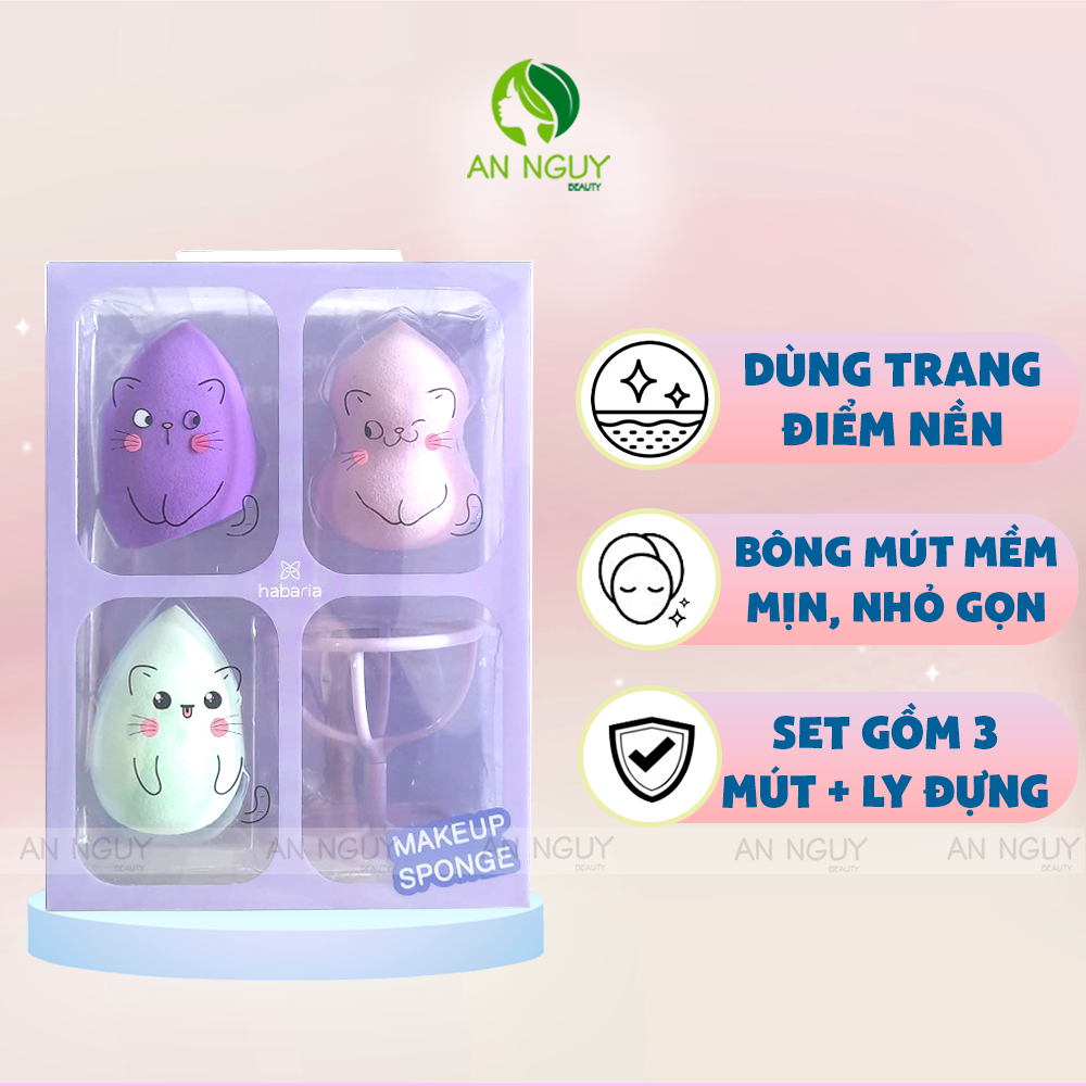 Set 4 Món Bông Mút Tán Nền + Ly Đựng Bông Mút Habaria Makeup Sponge-Cats Fall In Love Set