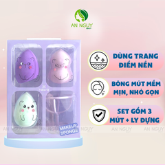 Set 4 Món Bông Mút Tán Nền + Ly Đựng Bông Mút Habaria Makeup Sponge-Cats Fall In Love Set