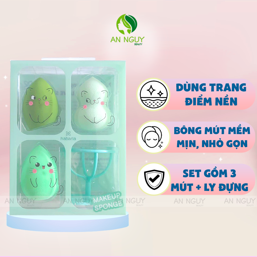 Set 4 Món Bông Mút Tán Nền + Ly Đựng Bông Mút Habaria Makeup Sponge-Cats Fall In Love Set